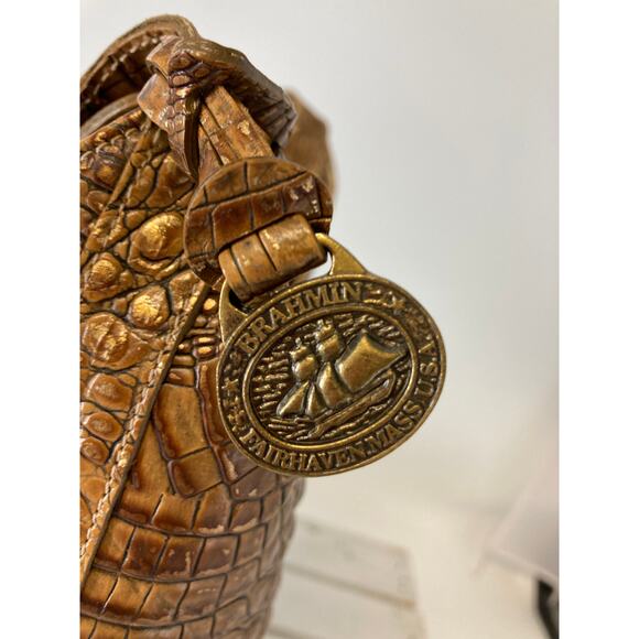 BRAHMIN BROWN AND GOLD SHIMMER CROCK LEATHER SHOULER BAG - Picture 6 of 16